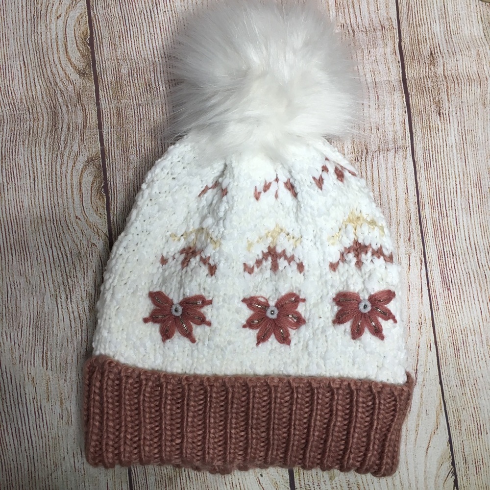 3/$25 NEW Chunky Knit Floral Beaded Pom Pom Beanie